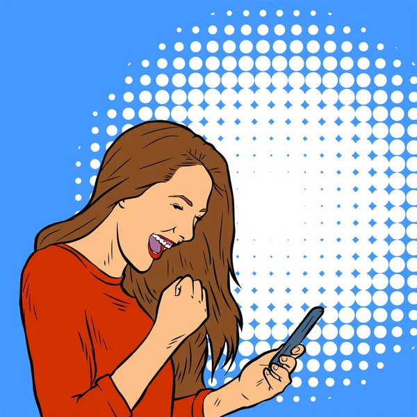 携帯電話の画面を見ながら笑う女性のイラスト — ストックベクタ