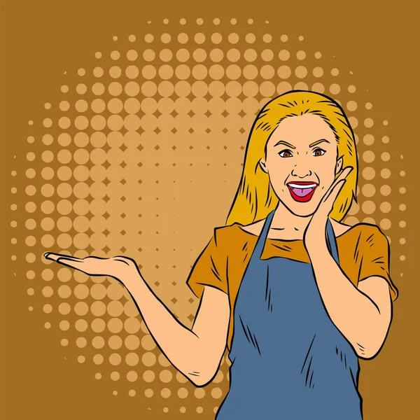 ジェスチャーを提示する際にエプロンを身に着けている女性の炊飯器のイラスト レトロな漫画ポップアートスタイルの女性のイラスト — ストックベクタ