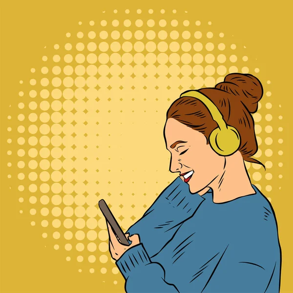 Ilustracja Ładnej Młodej Kobiety Noszącej Słuchawki Audio Patrzącej Telefon Komórkowy — Wektor stockowy