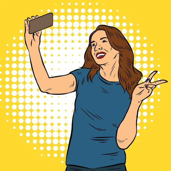 Zdjęcie Pięknej Kobiety Robiącej Selfie Telefonem Komórkowym Ilustracja Kobiecego Selfie — Wektor stockowy