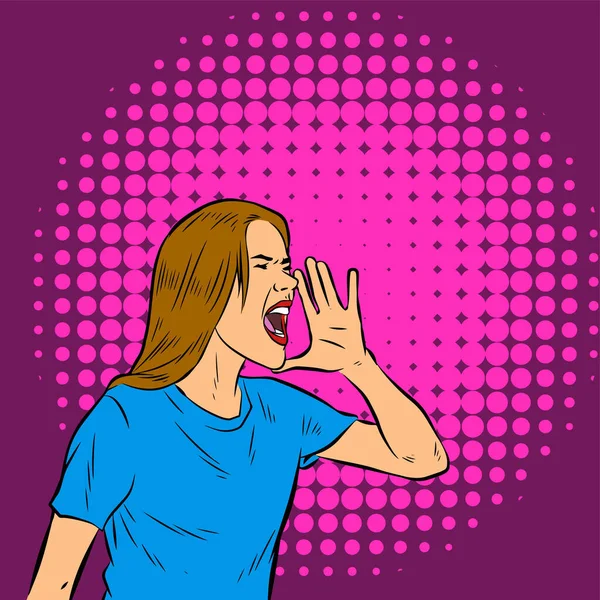 Illustration Female Shouting Yelling Announcing Promoting Gesture Illustration Woman Retro — Stock Vector