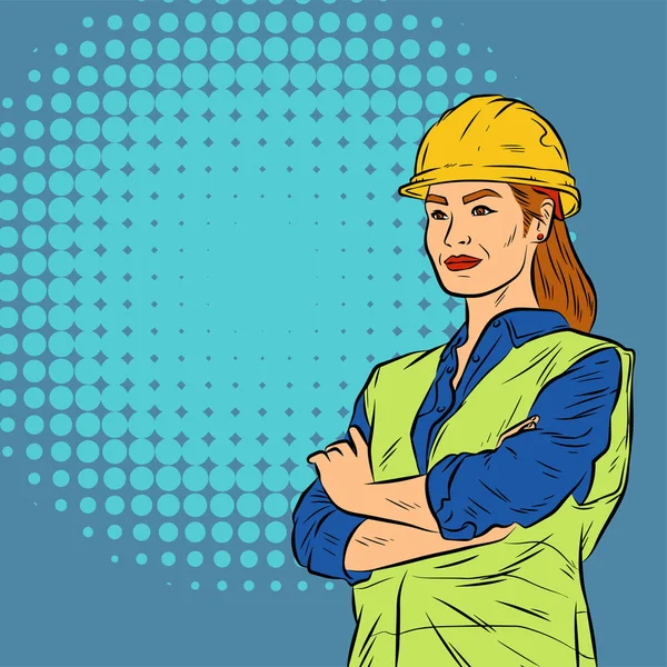 建設労働者の衣装を身に着けている女性のイラスト レトロな漫画ポップアートスタイルの女性技術者のポーズのイラスト — ストックベクタ