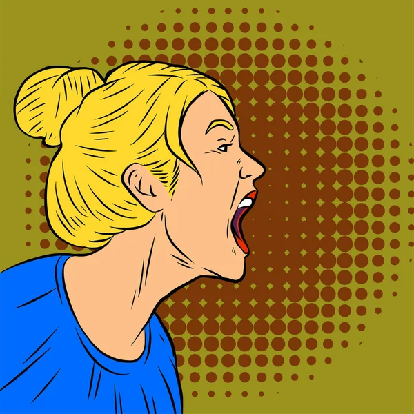 女性の叫びや叫びのイラスト発表やジェスチャーを促進 レトロ漫画ポップアートスタイルの女性のイラスト — ストックベクタ