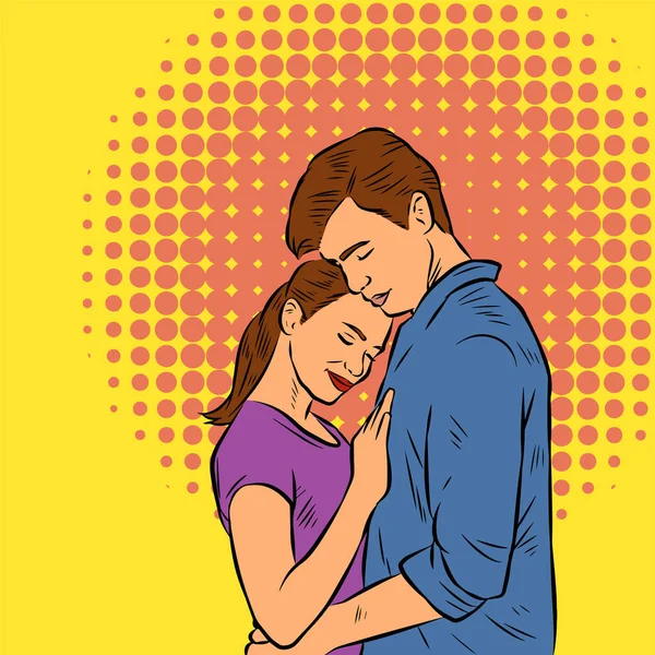 一个民族的例证是男人和女人相互抱抱 一对浪漫情侣拥抱在复古漫画流行艺术风格中的例证 — 图库矢量图片