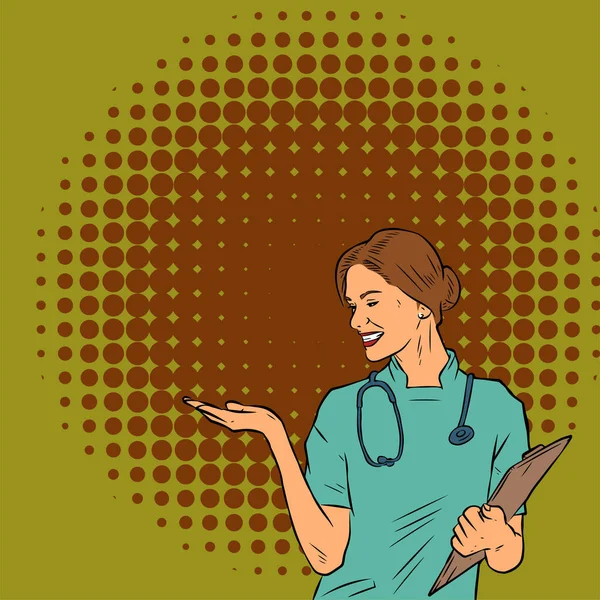 stock vector Illustration of a woman medical or healthcare worker carrying stetoscope in presenting gesture. Illustration of a female medical nurse or doctor in retro comic pop art style.