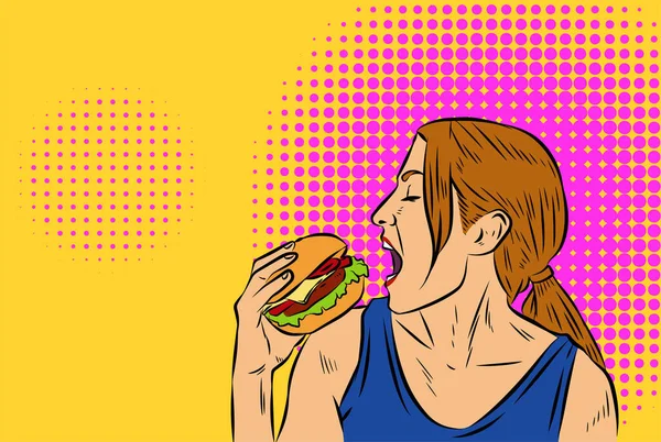 一个年轻苗条的女人吃汉堡包快餐的例子 复古漫画流行艺术中的女性别针图解 — 图库矢量图片