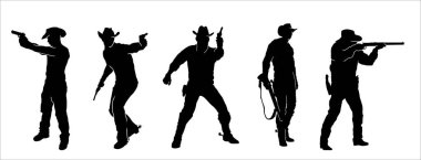 Siluet koleksiyonu. Kovboy kostümü giyen erkek manken. Hareket halindeyken tabanca ya da ateşli silahla poz veriyor.. 