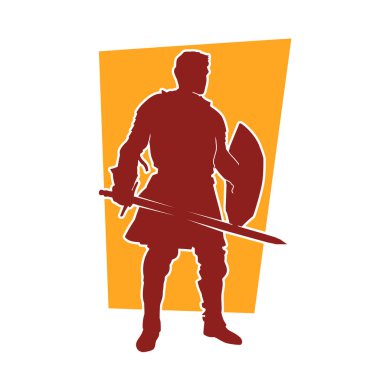 Savaş zırhlı bir şövalyenin silueti. Elinde kılıç var. Kılıç taşıyan bir ortaçağ şövalyesinin silueti..