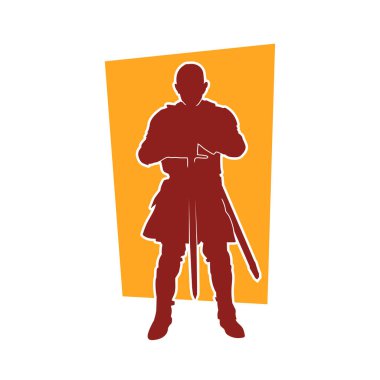 Savaş zırhlı bir şövalyenin silueti. Elinde kılıç var. Kılıç taşıyan bir ortaçağ şövalyesinin silueti..