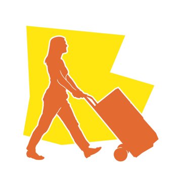 Depo çalışanının silueti bir lori çizelgesi ya da kutuları taşıyan bir el arabası. Bir teslimat işçisi ya da kurye silueti bir araba dolusu kutuyla poz vermiş..