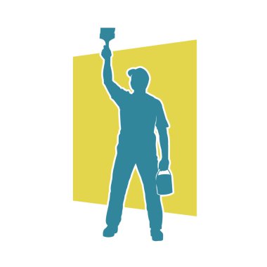 Resim malzemeleriyle poz vermiş bir evin içini boyayan bir işçinin silueti. Resim malzemeleri taşıyan bir inşaat işçisinin silueti.. 