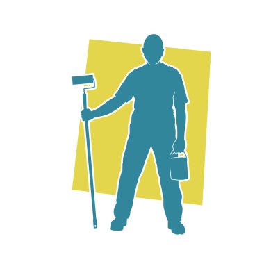 Resim malzemeleriyle poz vermiş bir evin içini boyayan bir işçinin silueti. Resim malzemeleri taşıyan bir inşaat işçisinin silueti.. 