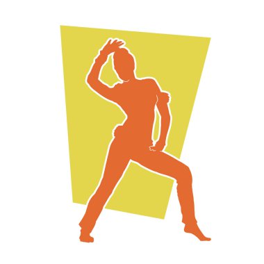 Mutlu dans eden bir kadının silueti. Beyaz arka planda izole edilmiş genç bayan dansçı hareket vektörü silueti.