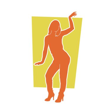 Mutlu dans eden bir kadının silueti. Beyaz arka planda izole edilmiş genç bayan dansçı hareket vektörü silueti.