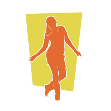 Mutlu dans eden bir kadının silueti. Beyaz arka planda izole edilmiş genç bayan dansçı hareket vektörü silueti.