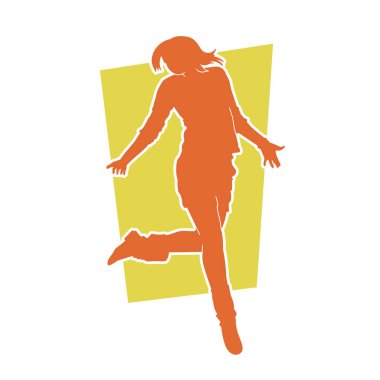 Mutlu dans eden bir kadının silueti. Beyaz arka planda izole edilmiş genç bayan dansçı hareket vektörü silueti.