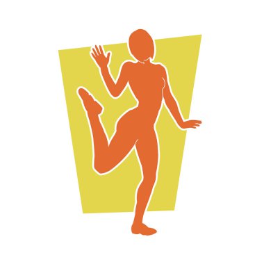 Mutlu dans eden bir kadının silueti. Beyaz arka planda izole edilmiş genç bayan dansçı hareket vektörü silueti.