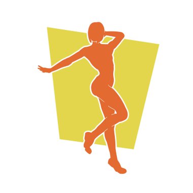 Mutlu dans eden bir kadının silueti. Beyaz arka planda izole edilmiş genç bayan dansçı hareket vektörü silueti.