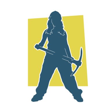 Kazma aletleri taşıyan işçi kostümlü bir kadının silüeti. Toplama aleti ile poz veren kadın silueti..