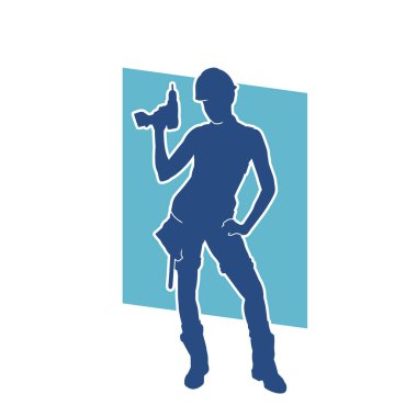 Makineli elektrikli matkap taşıyan kadın bir inşaat işçisinin silueti. Elektrikli matkap tutan bir kadın inşaatçının silueti..