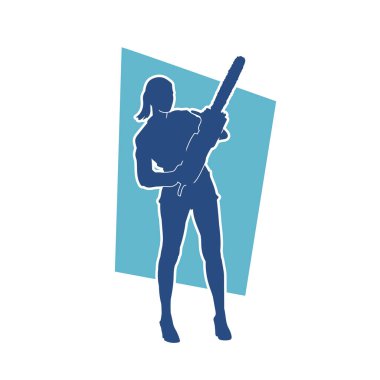 Makineli testere taşıyan kadın inşaat işçisinin silueti. Elektrikli testere tutan oduncu bir kadının silueti..