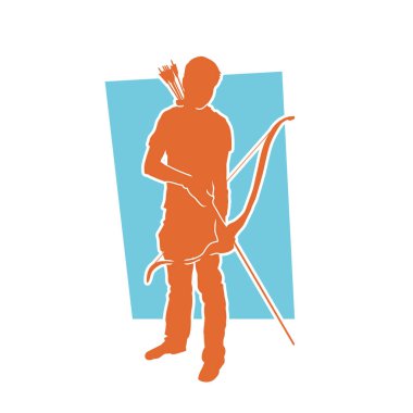 Ok ve yay taşıyan bir kadın okçunun silueti. Okçuluk silahı olan bir kadın savaşçının silueti. Siluet ya da geleneksel okçuluk sporcusu pozu.