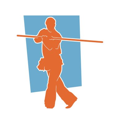 Dövüş sanatlarında dövüşen bir erkeğin silüeti, tahta sopayı silah olarak kullanıyor. Dövüş sanatları yapan bir adamın silueti. Tahta sırık hareketi..