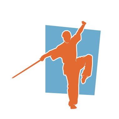 Dövüş sanatlarında kılıç kullanan bir erkeğin silueti. Dövüş sanatları kılıç hareketleri yapan bir adamın silueti..