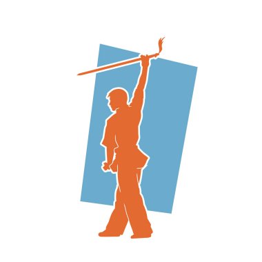 Dövüş sanatlarında kılıç kullanan bir erkeğin silueti. Dövüş sanatları kılıç hareketleri yapan bir adamın silueti..