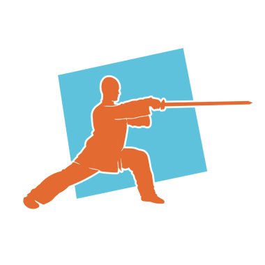 Dövüş sanatlarında kılıç kullanan bir erkeğin silueti. Dövüş sanatları kılıç hareketleri yapan bir adamın silueti..