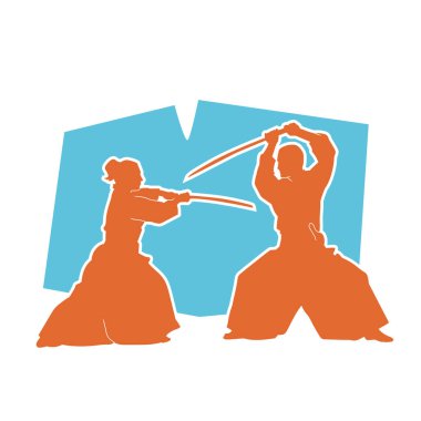 Aikido dövüş sanatları savaşçılarının silueti ahşap kılıç kullanırlar. Bol kostümlü aikido dövüş sanatları savaşçılarının silueti..