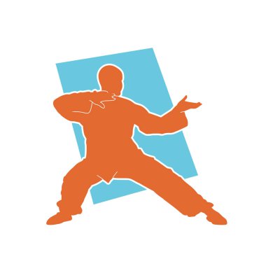Shaolin kung fu 'sunda bir keşişin silueti ya da dövüş sanatları pozu. Shaolin dövüş sanatındaki bir adamın silueti..