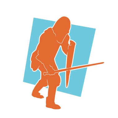 Savaş zırhlı bir şövalyenin silueti. Elinde kılıç var. Kılıç taşıyan bir ortaçağ şövalyesinin silueti..