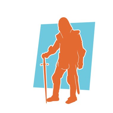 Savaş zırhlı bir şövalyenin silueti. Elinde kılıç var. Kılıç taşıyan bir ortaçağ şövalyesinin silueti..