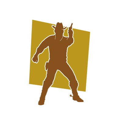 Kovboy kostümlü bir erkeğin silueti tabancayla ateş ediyor. Ateş eden kovboyun silueti pozu. 