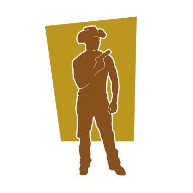 Kovboy kostümlü bir erkeğin silueti tabancayla ateş ediyor. Ateş eden kovboyun silueti pozu. 