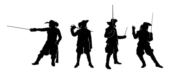 Collection Silhouette Soldat Mousquetaire Médiéval Portant Chapeau Action Pose Avec — Image vectorielle