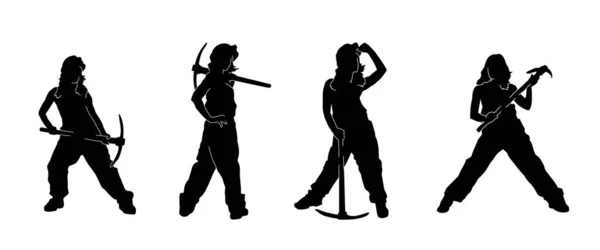 Siluet Koleksiyonu Çeşitli Poz Kadın Madenci Işçi Baltayı Taşır — Stok Vektör
