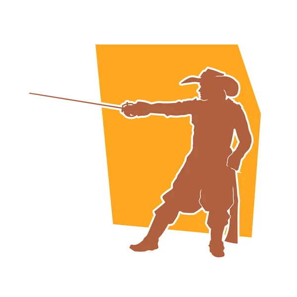 Silhouette Homme Portant Costume Soldat Médiéval Action Pose Tenant Épée — Image vectorielle