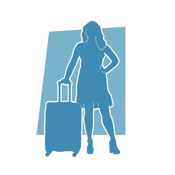 Σιλουέτα Ενός Θηλυκού Ταξιδιώτη Τσάντα Ταξιδιού Αποσκευών Σιλουέτα Μιας Μοδάτης — Διανυσματικό Αρχείο
