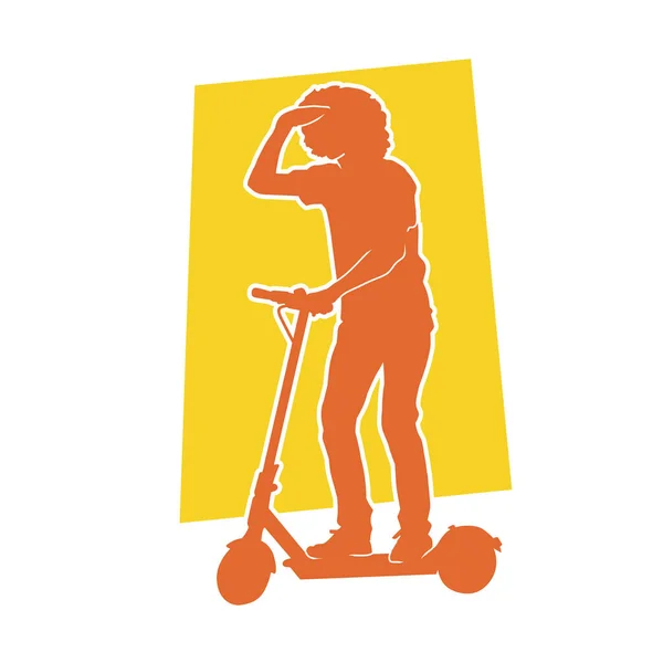 男のシルエット電動スクーターホイール車に乗る 男性乗馬電動スクーターのスライダーボードのシルエット — ストックベクタ