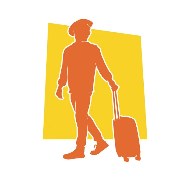 Silhouette Eines Mannes Der Eine Reisetasche Zieht Silhouette Eines Reisenden — Stockvektor