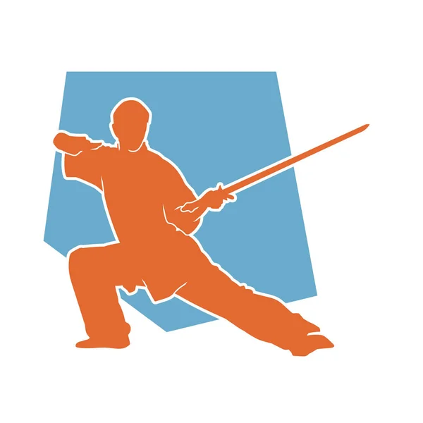 Silhouette Homme Art Martial Dans Pose Combat Aide Une Arme — Image vectorielle