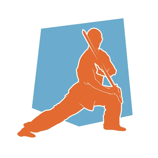 Silhouette Homme Art Martial Dans Pose Combat Aide Une Arme — Image vectorielle