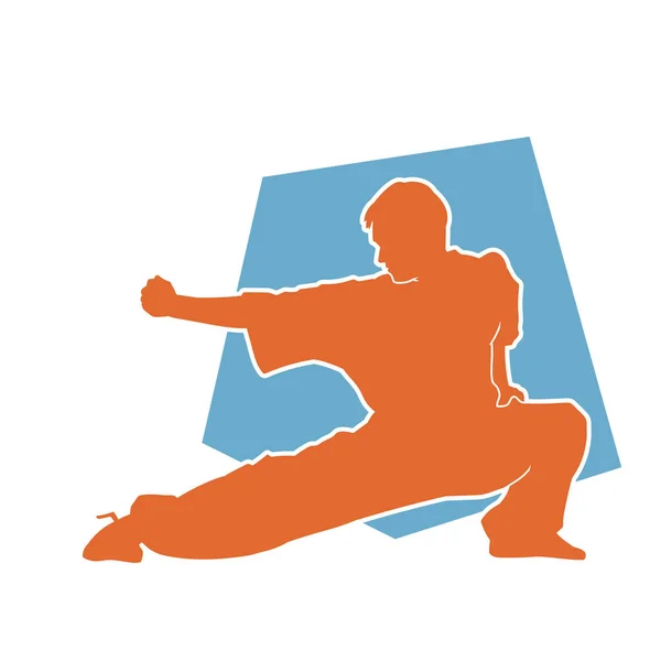 Silhouette Eines Kampfsportlers Kampfpose Silhouette Eines Mannes Kampfkunst Action Pose — Stockvektor