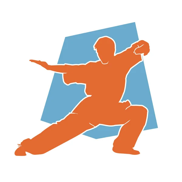 Silhouette Eines Kampfsportlers Kampfpose Silhouette Eines Mannes Kampfkunst Action Pose — Stockvektor