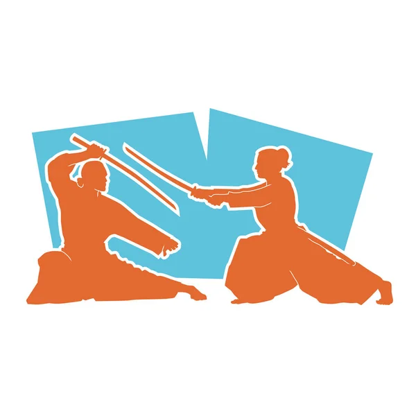 Silhouette of aikido martial art fighters in action pose using wooden sword weapon. Silhouette of aikido martial art warriors in baggy costumes.