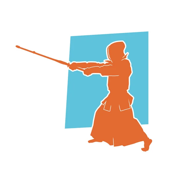 Bir Kendo Dövüş Sanatları Ustasının Silueti Shinai Bambu Kılıcı Kullanıyor — Stok Vektör