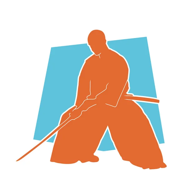 Sylwetka Praktykującego Sztukę Walki Aikido Akcji Bronią Miecza Sylwetka Męskiego — Wektor stockowy