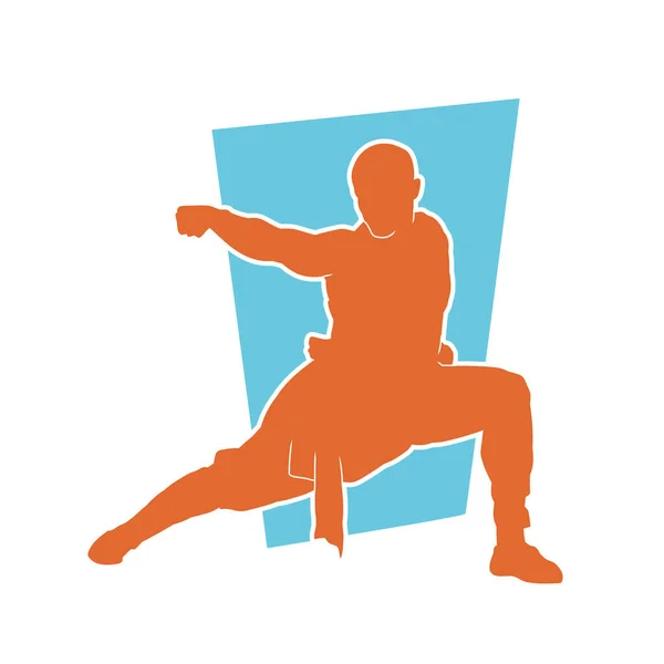 Silhouette Einer Mönchsfigur Shaolin Kungfu Oder Kampfkunst Action Pose Silhouette — Stockvektor